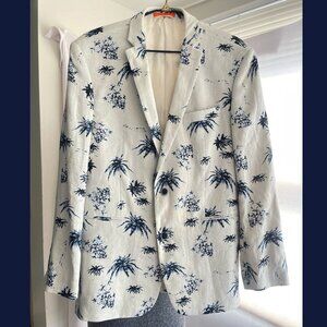 Lord & Taylor TALLIA brand mason fit white linen jacket with blue tropical print